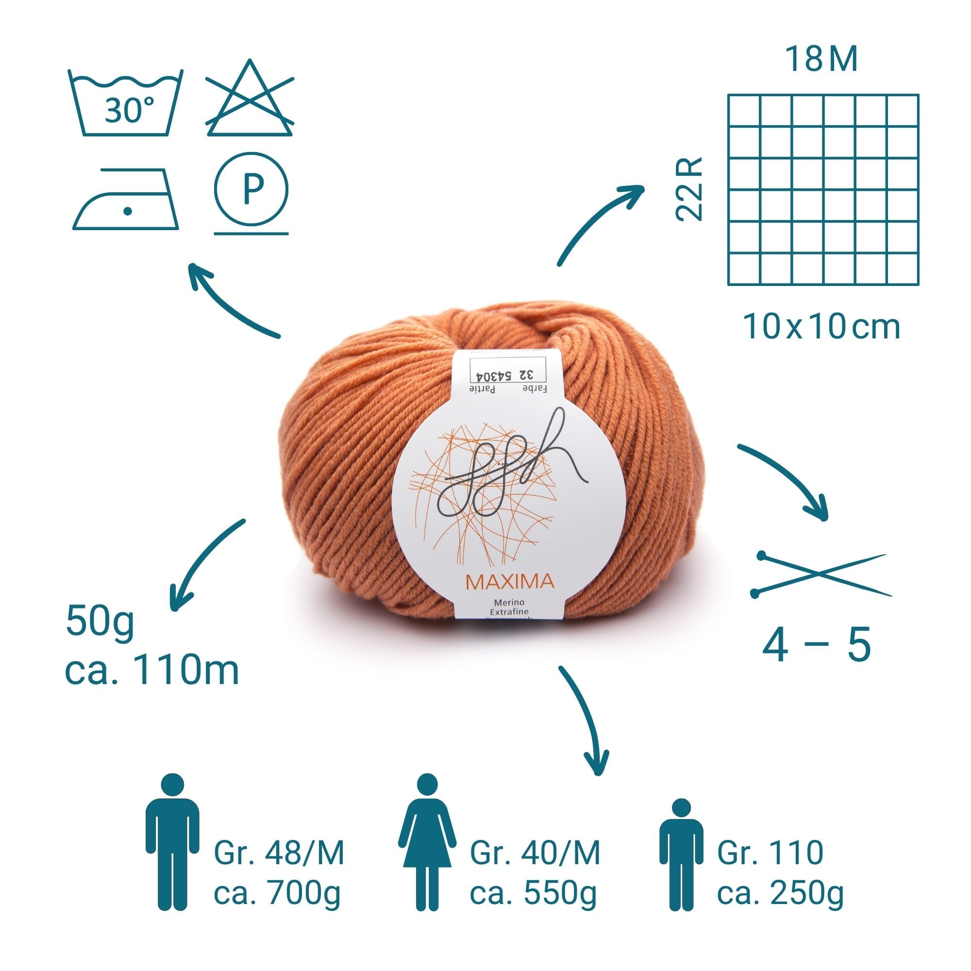 ggh Maxima Box - 6x50g (insgesamt 300g) Merinowolle extrafein und maschinenwaschbar - Nadelstärke 4-5 Farbe 032 - Rostorange
