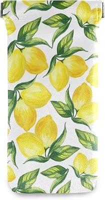 Squeeze Top Sunglasses Pouch Eyeglass Cases PU Leather Soft Anti-Scratch Eyeglass Holder (Summer Lemon With Green Leaves)