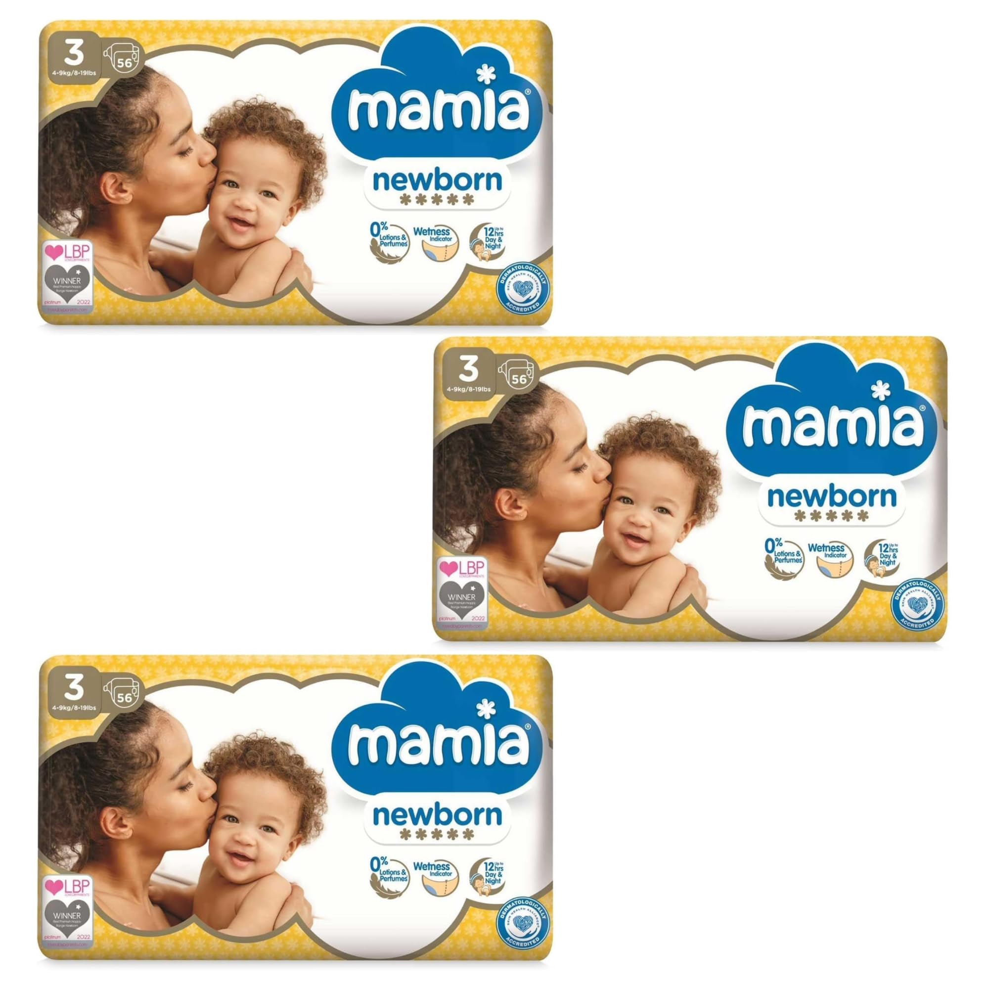 Mamia Newborn Nappies, (Size 3 (3X Pack of 56))