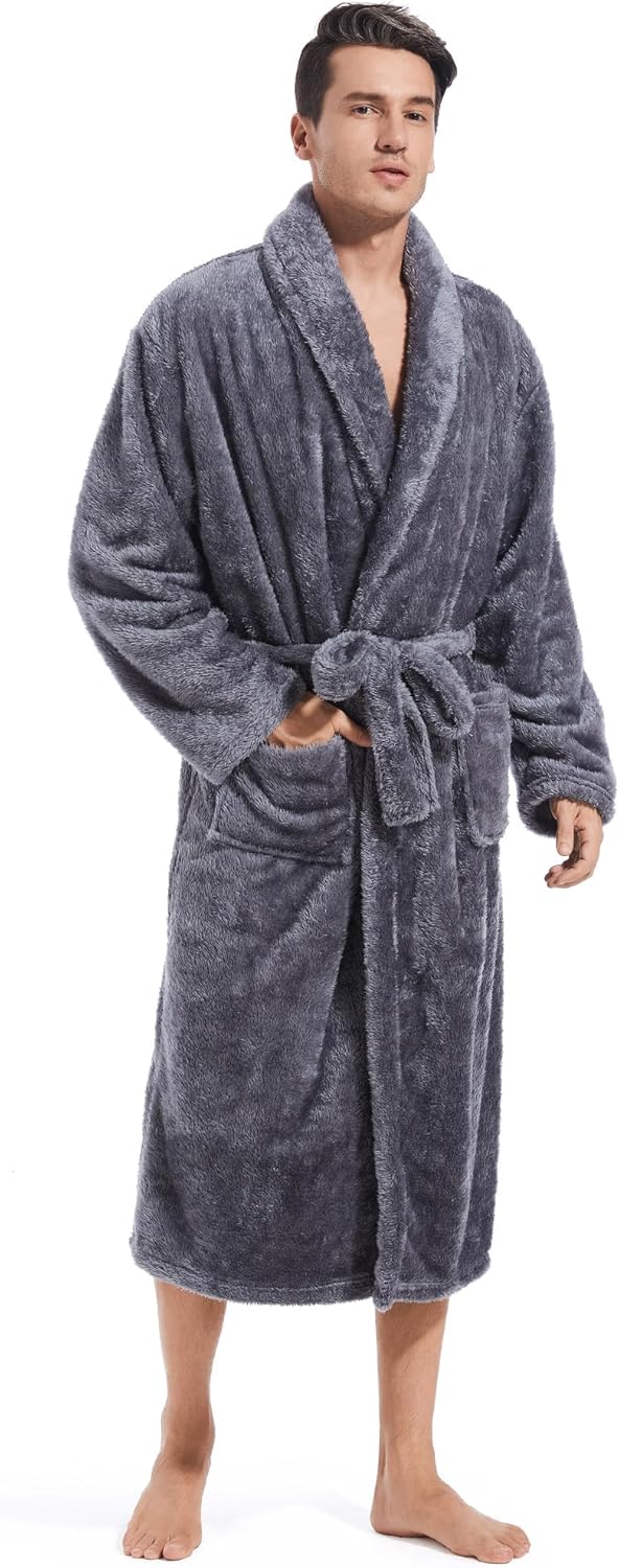Mens Plush Fleece Robe, Highly Absorbent Cozy Warm Bathrobe Fuzzy Male Spa Long Robe With Pockets