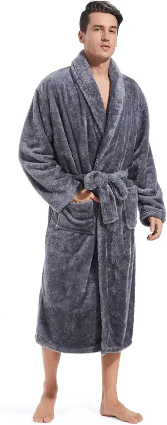 Mens Plush Fleece Robe, Highly Absorbent Cozy Warm Bathrobe Fuzzy Male Spa Long Robe With Pockets