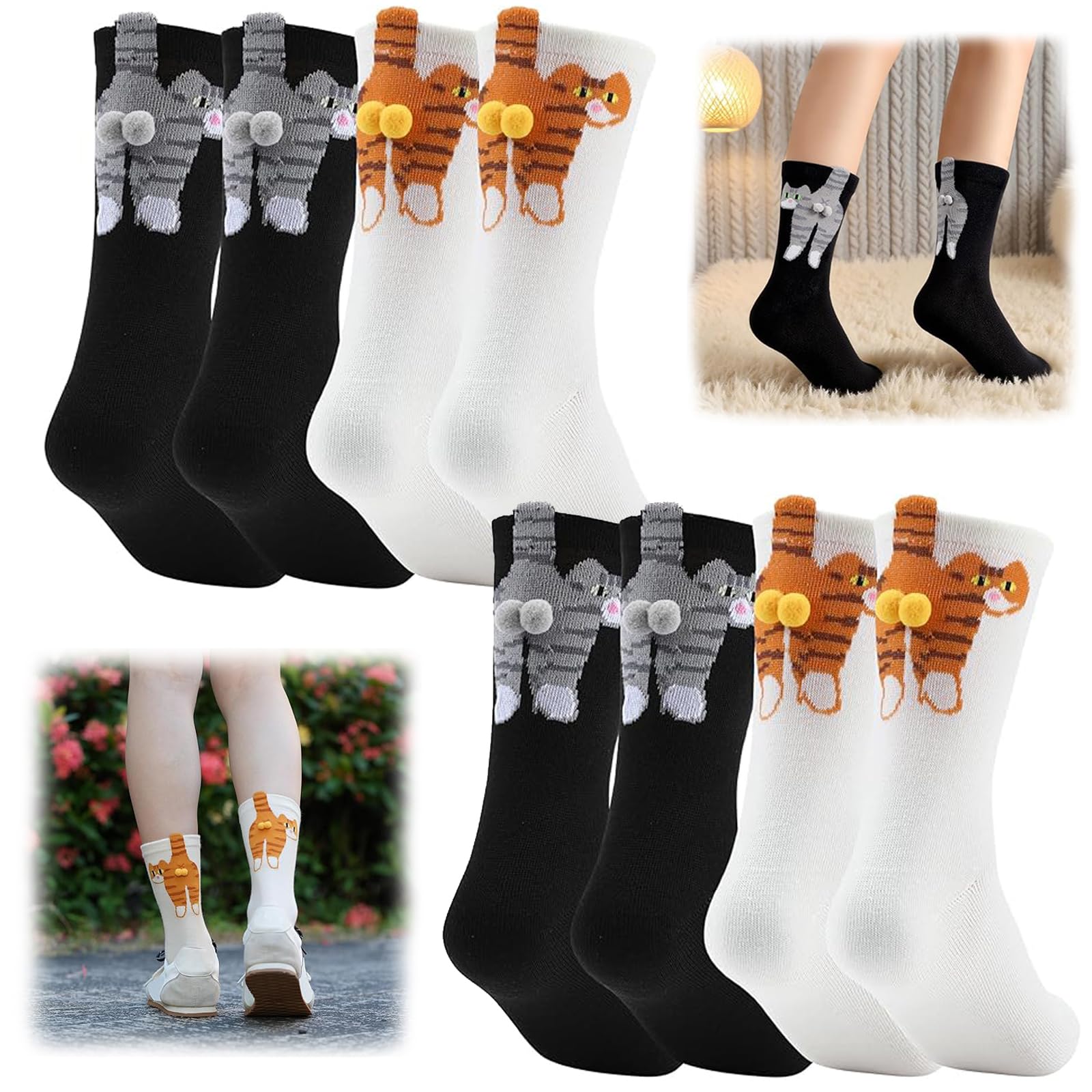Charunee Unisex Black&White 4 Pairs Cat Socks With Balls, Cute Cat Socks With Balls, Cotton Fun Animal Mid-Tube Sock Suitable Gifts For Female Cats Lovers