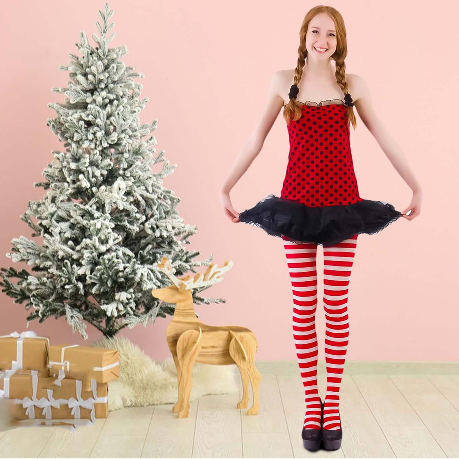 BORFUE 3 works Christmas Striped Tights Elf Tights Full Footed Striped Socks for Women and Girl Christmas Party Costume Dress Up - Image 2