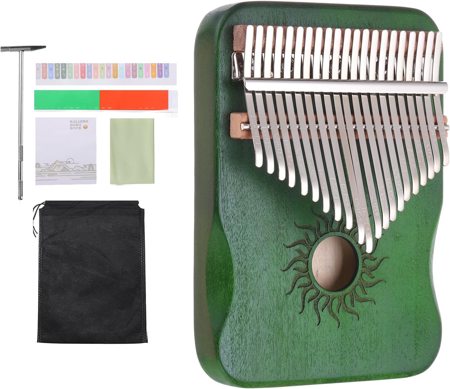 MECCANIXITY 21 Keys Thumb Piano, Green Mini Portable Finger Piano Maple Wood Sun Pattern with Protective Bag, Tune Hammer, Sheet Music Study Instruction for Gift Adults Beginners