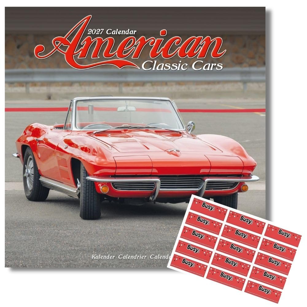 Avonside American Classic Cars 2027 Calendar with Organisational Stickers, 16 Month Square Wall Calendar (Sept 2026 - Dec 2027), UK Planner, Car Enthusiasts, Home or Office, 11.6x11.6 in