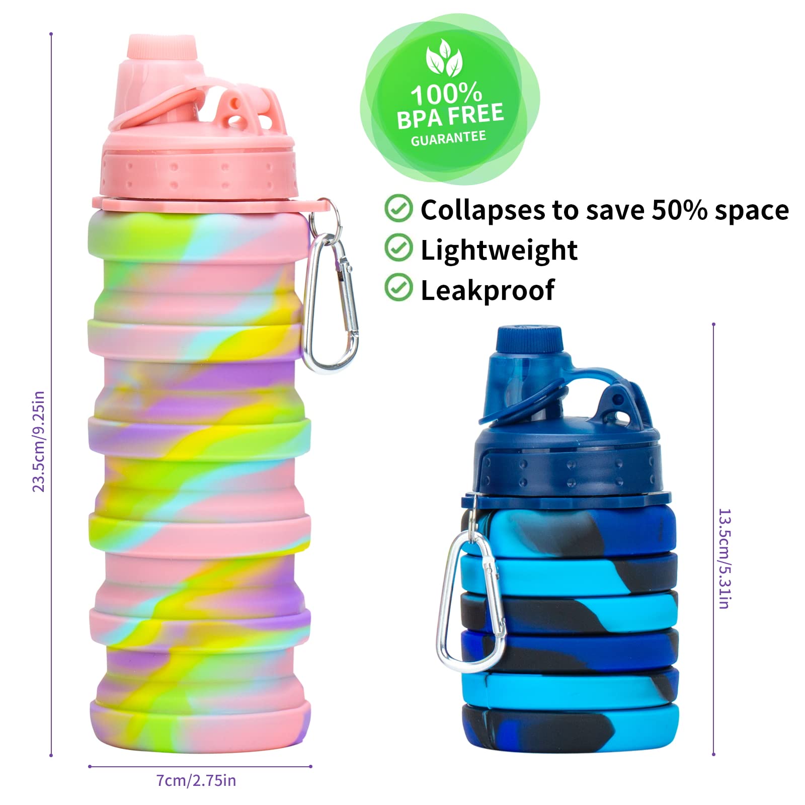 Collapsible silicone water bottles showing various sizes and colors for travel needs