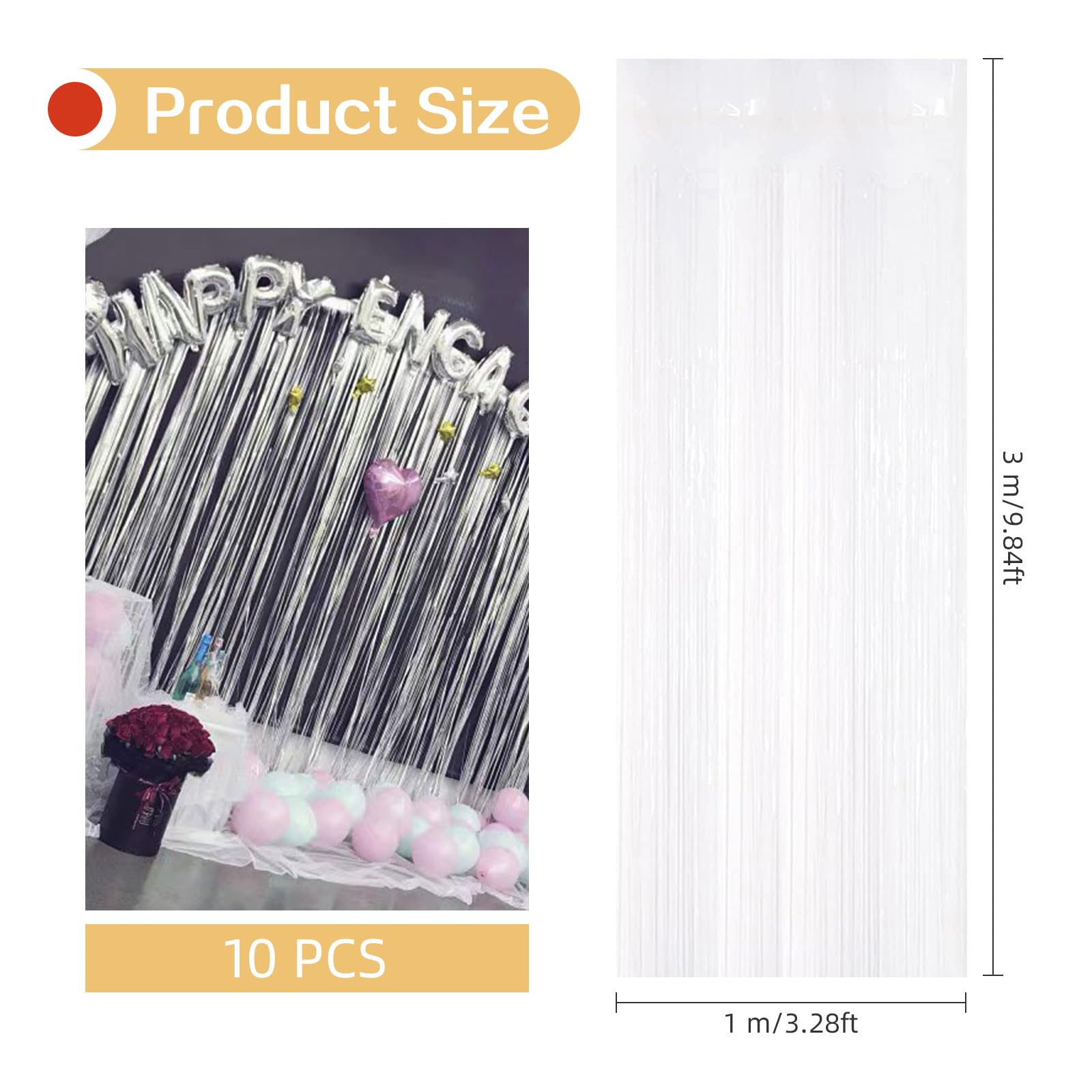 Lot de 10 Rideaux à Franges en Feuille d'aluminium métallique pour fête d'anniversaire, fiançailles, Enterrement de Vie de Jeune Fille - Blanc métallisé - 1 x 3 m