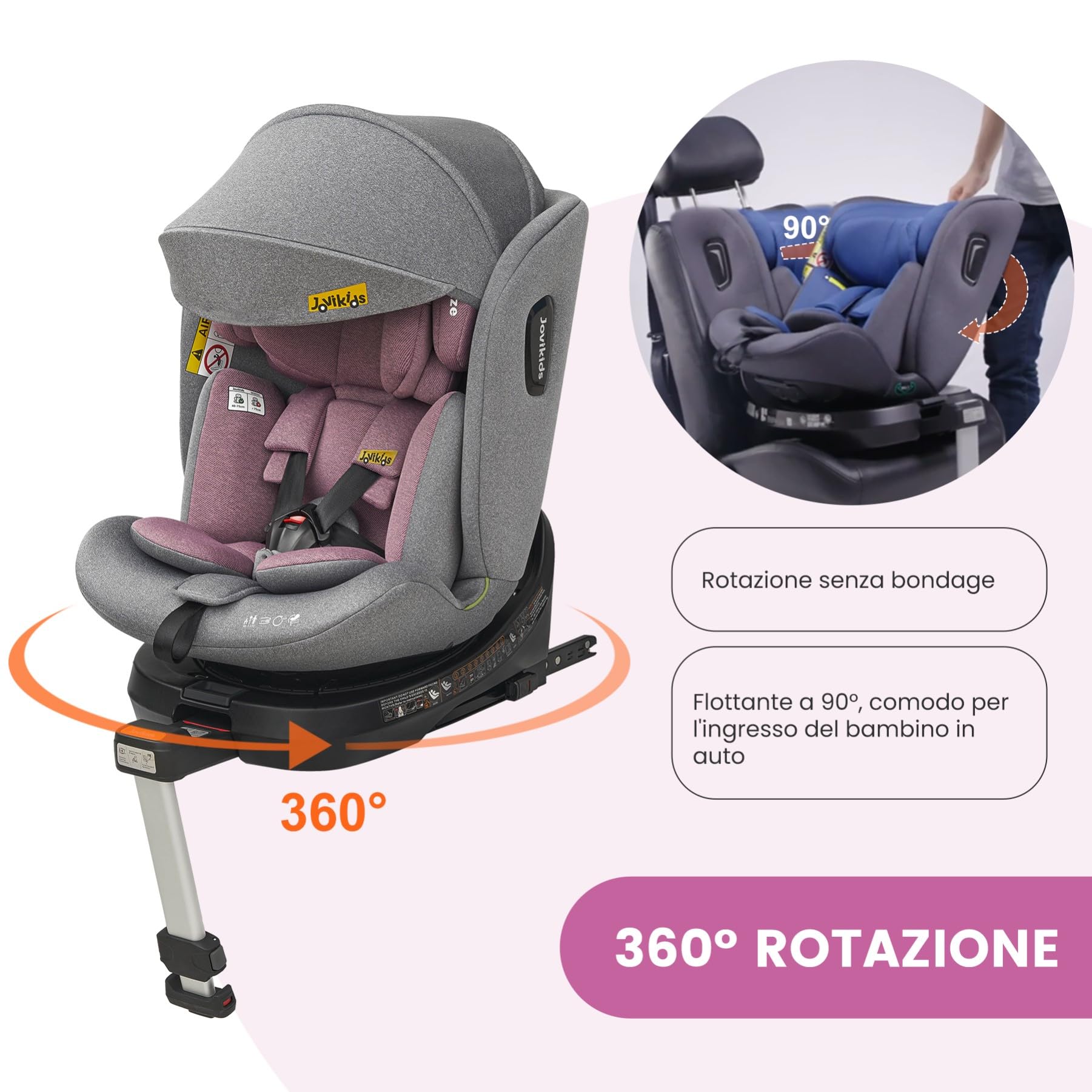 Jovikids i-Size Seggiolino Auto 0-36kg, 360°Girevole Ovetto Neonato Auto con Isofix e Gambe di Supporto 40-150cm dalla Nascita a Circa 12 anni (Rosa)