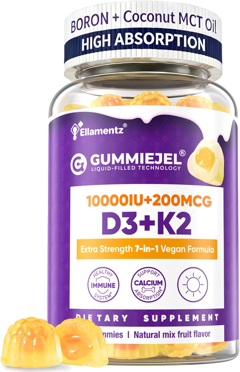 Vitamin D3 10000IU + K2 (MK-7) 200mcg, Vitamin D3 K2 Filled Gummies with 500mg Calcium +250mg Magnesium, Boron & Zinc, Extra Strength - Ultimate Absorbency for Bones, Immune, Teeth 1PACK