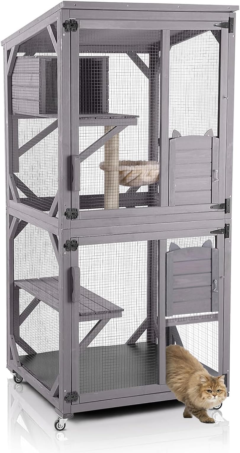 Aivituvin Cat House Outdoor Catio Cat Enclosures on Wheels 70.9" Kitty House with Upgraded Resting Box,Waterproof Roof
