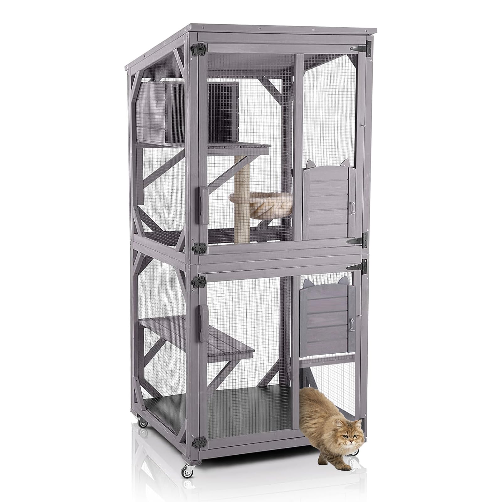 Aivituvin Cat House Outdoor Catio Cat Enclosures on Wheels 70.9" Kitty House with Upgraded Resting Box,Waterproof Roof
