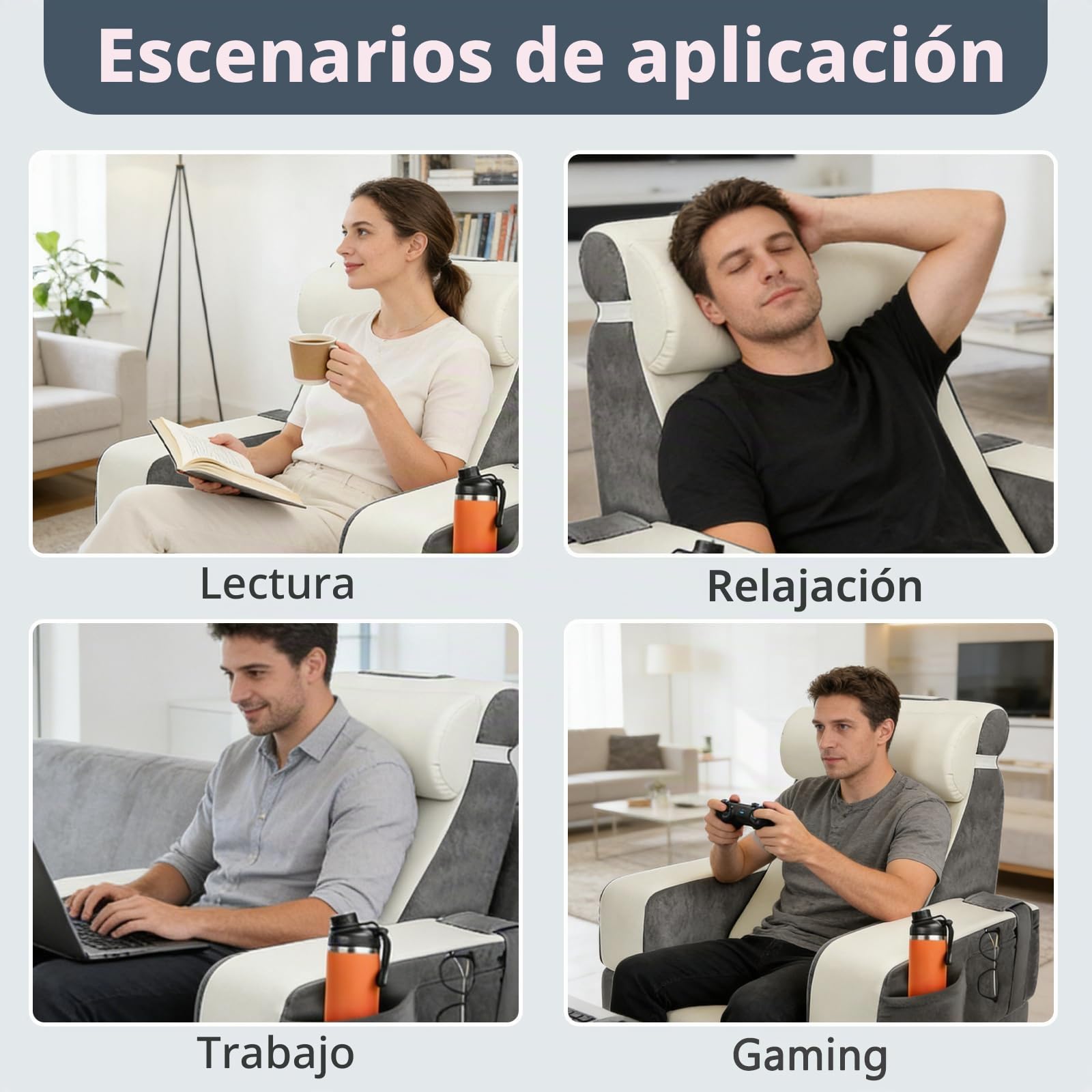 Cojin Lectura Cama,Cojín con Respaldo Apoyo Lumbar, con Soporte para Brazos y Bolsillos, Cojín Lumbar Sofá para la Espalda, Cojin Respaldo Cama para Trabajar, Leer o Jugar en la Cama Sofá Suelo