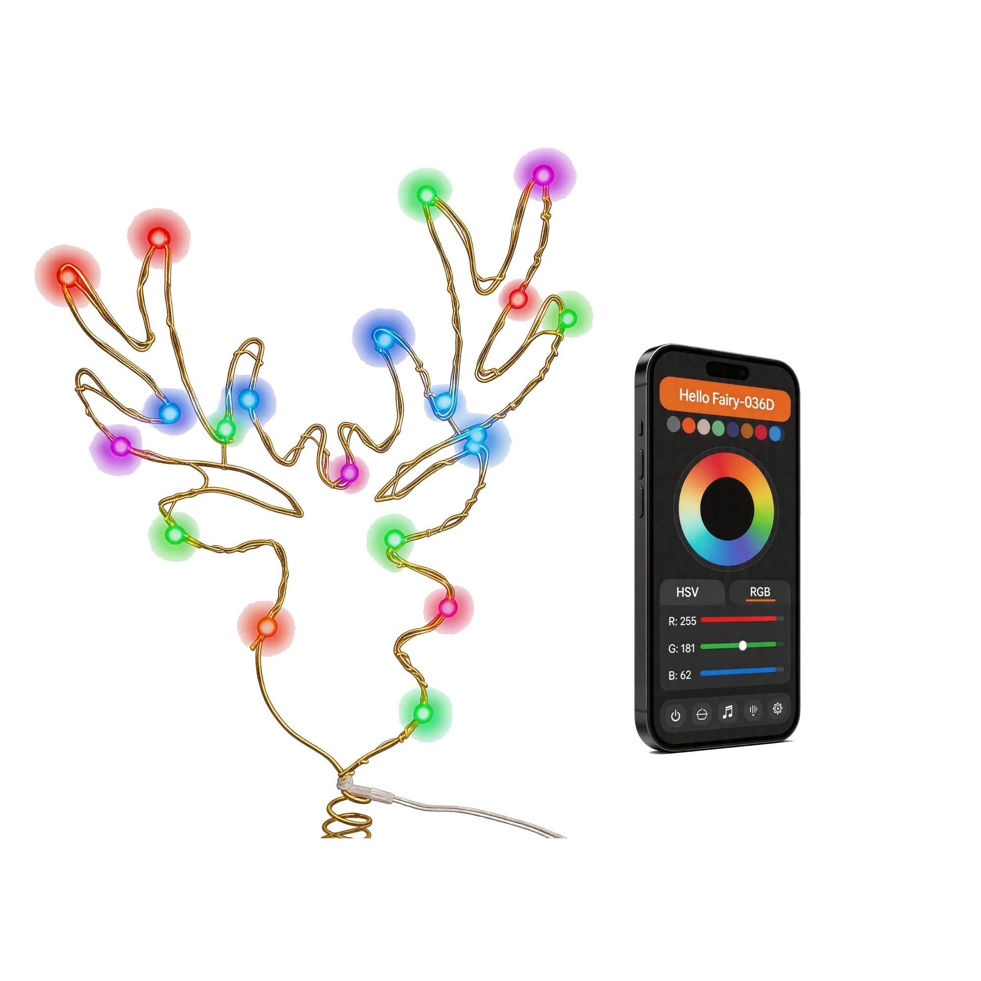Smart RGB, puntale per albero di Natale, con struttura in metallo, con 20 LED, telecomando e controllo tramite app, 16 milioni di colori, decorazione per albero di Natale per la decorazione della casa