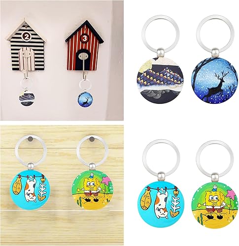 Miniatura 6 de Oungy 50 llaveros de madera en blanco, sin terminar, redondo, llavero de madera en blanco, llavero de madera a granel para grabar, manualidades,