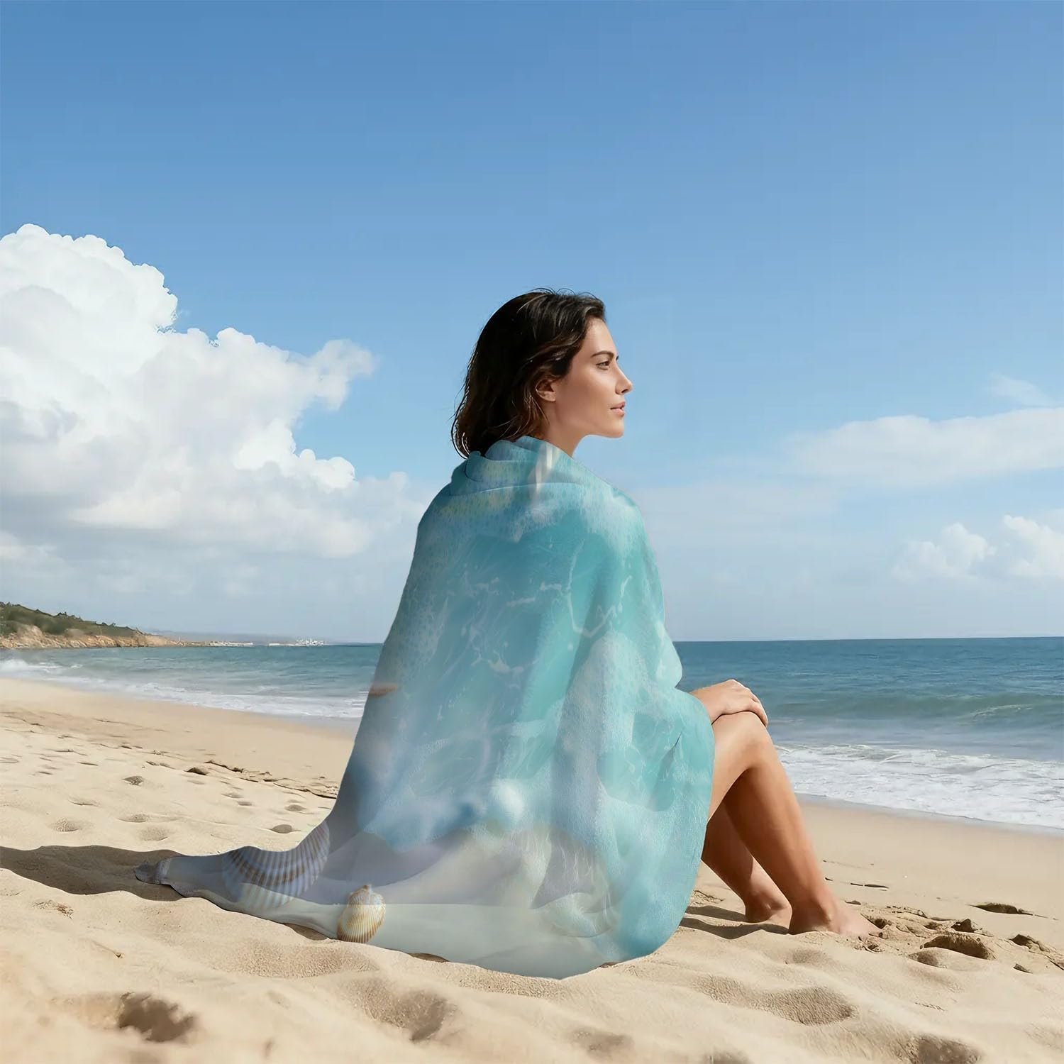 Küste, Erfrischend, Realistisch, Beruhigend Strandtuch 230 x 210 cm - Strandtuch trandtuch Leichtdünn Weich Strandtuch Muscheln, Seesterne, Meeresoberfläche,für Strand, Pool, Yoga, Picknick