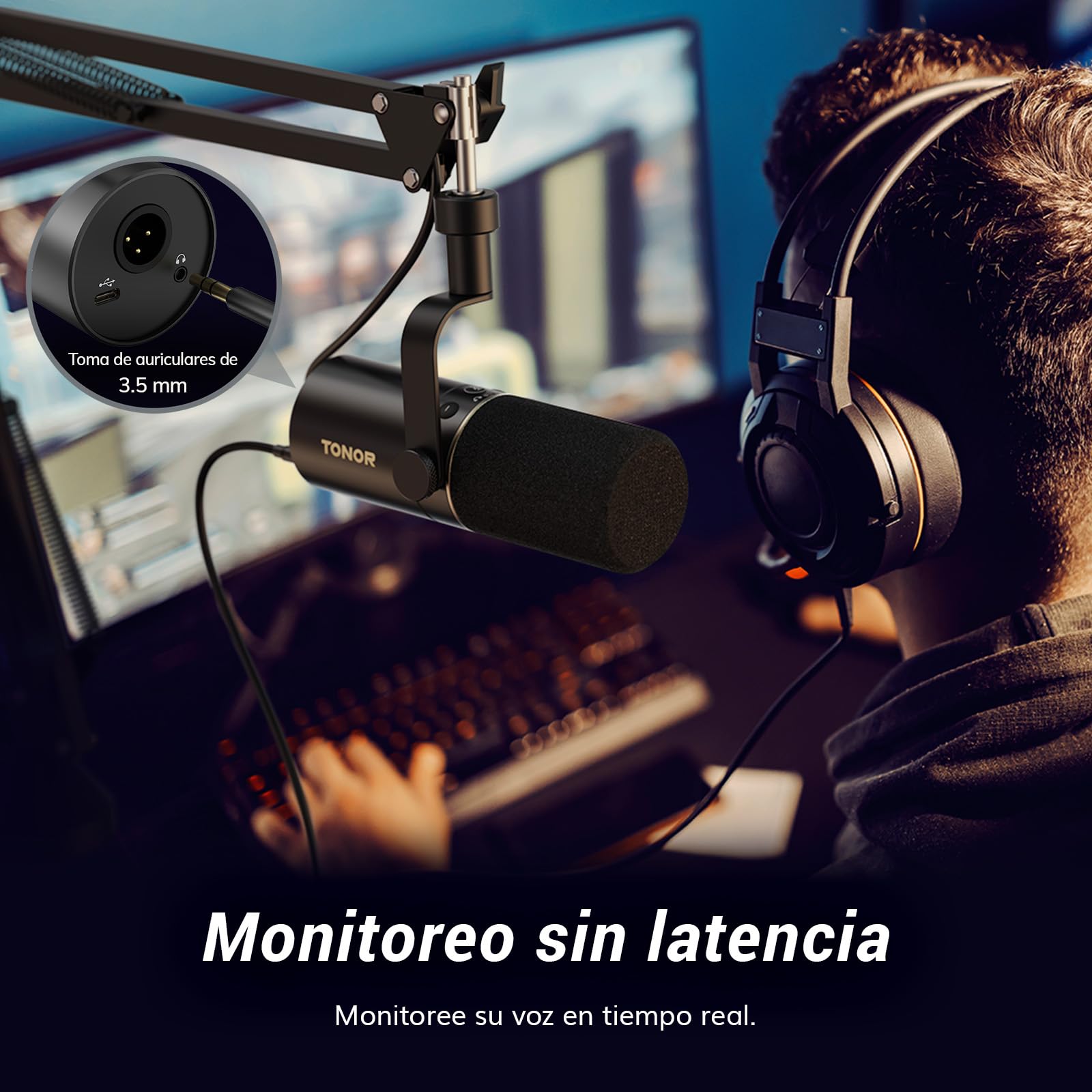 TONOR PC Microfono Dinámico Gaming con Brazo Soporte, Profesional Micrófono USB/XLR para Juegos, Podcasting, Streaming, Estudio, Vocal Grabación, Mic cardioide con 3.5mm Jack, Botón Mute, TD510+
