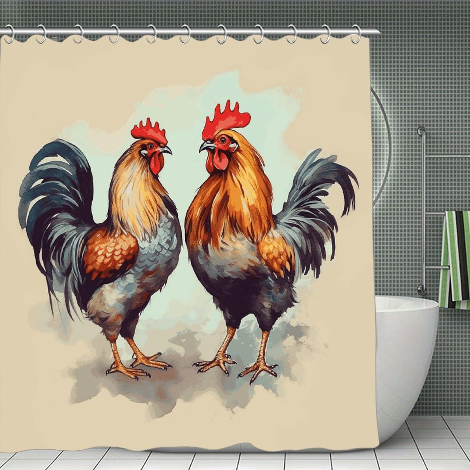 FekiLoot Rooster and Hen Shower Curtain Minimalist Thick Bathroom Curtain Washable Modern Bathroom Shower Curtain Heavy Duty Waterproof Cloth Bath Curtain with Hooks 70.8"x70.8"