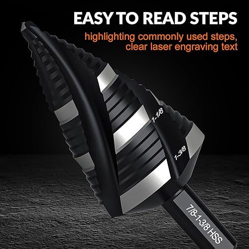 Miniatura 2 de THINKWORK Broca escalonada de cuatro espirales para flauta, HSS 316-1-38 (3 tamaños populares) Broca paso Unibit, brocas escalonadas de vástago de