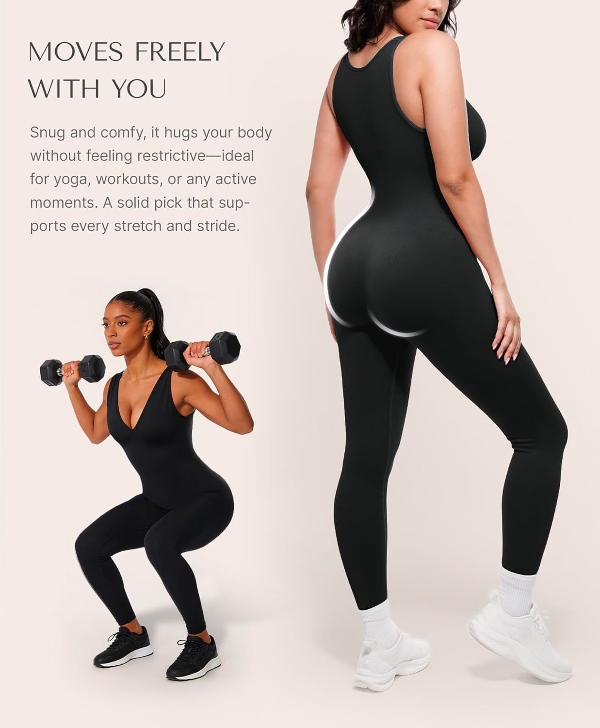 SHAPELLX Tummy Control Workout Jumpsuits for Women One Piece Comfy Yoga Outfits V Neck Sleeveless Bodycon Pants Romper - Image 4