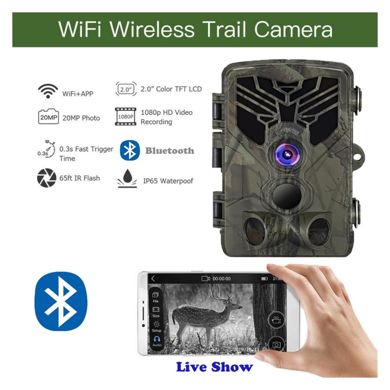 Cámara Vida Silvestre Cámara De Rastreo con Aplicación WiFi, Control por Bluetooth, Transmisión En Vivo, Cámaras Caza WIFI830, 24MP, 1296P, Visión Nocturna, Trampas For Fotos Vida Silvestre