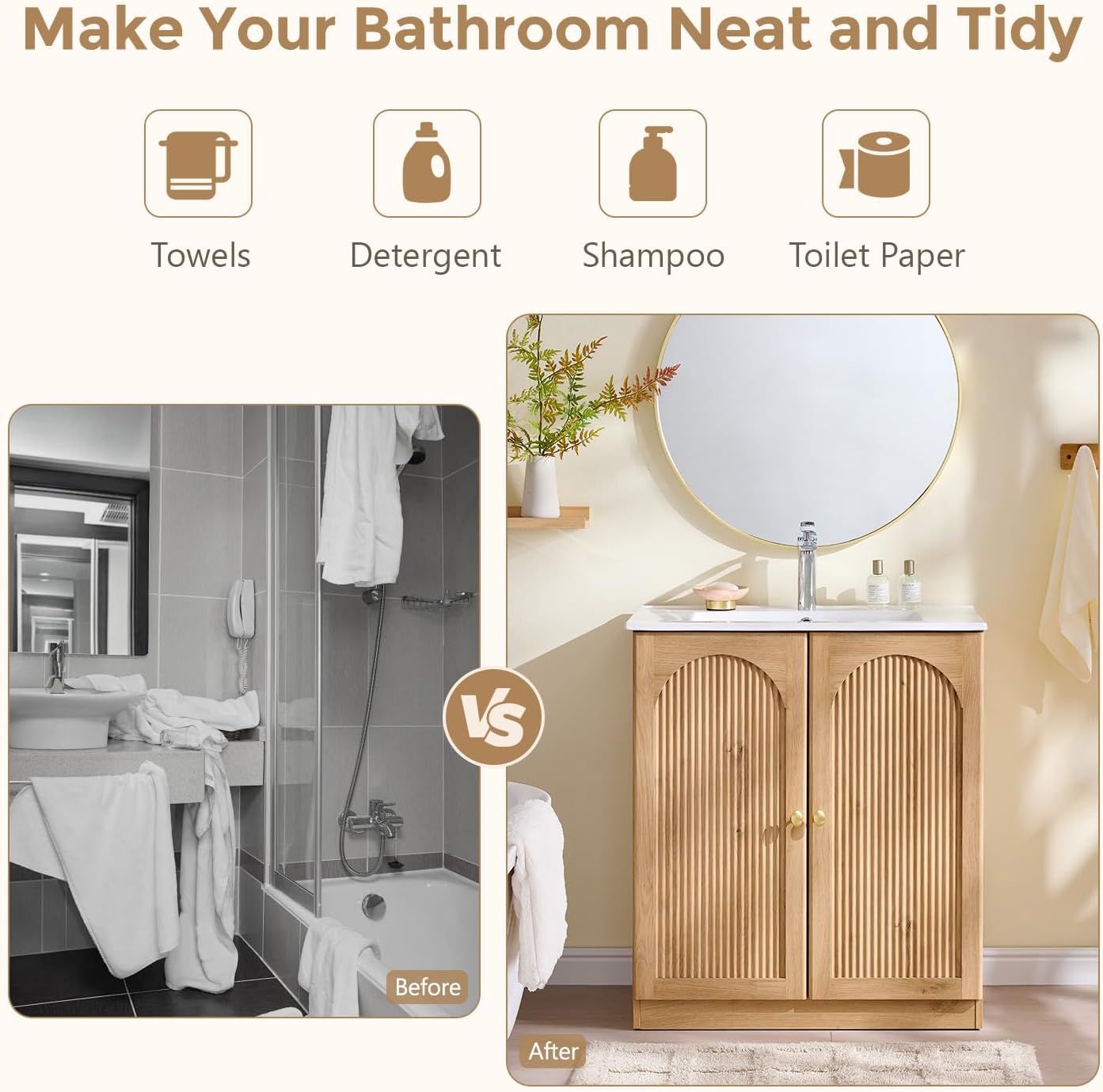 IFBUY 30 Inch Arched Bathroom Vanity with Sink, Modern Fluted Bathroom Vanity Cabinet with Adjustable Storage Shelf, Freestanding Single Bathroom Vanity with Ceramic Basin, Space-Saving, Natural Oak
