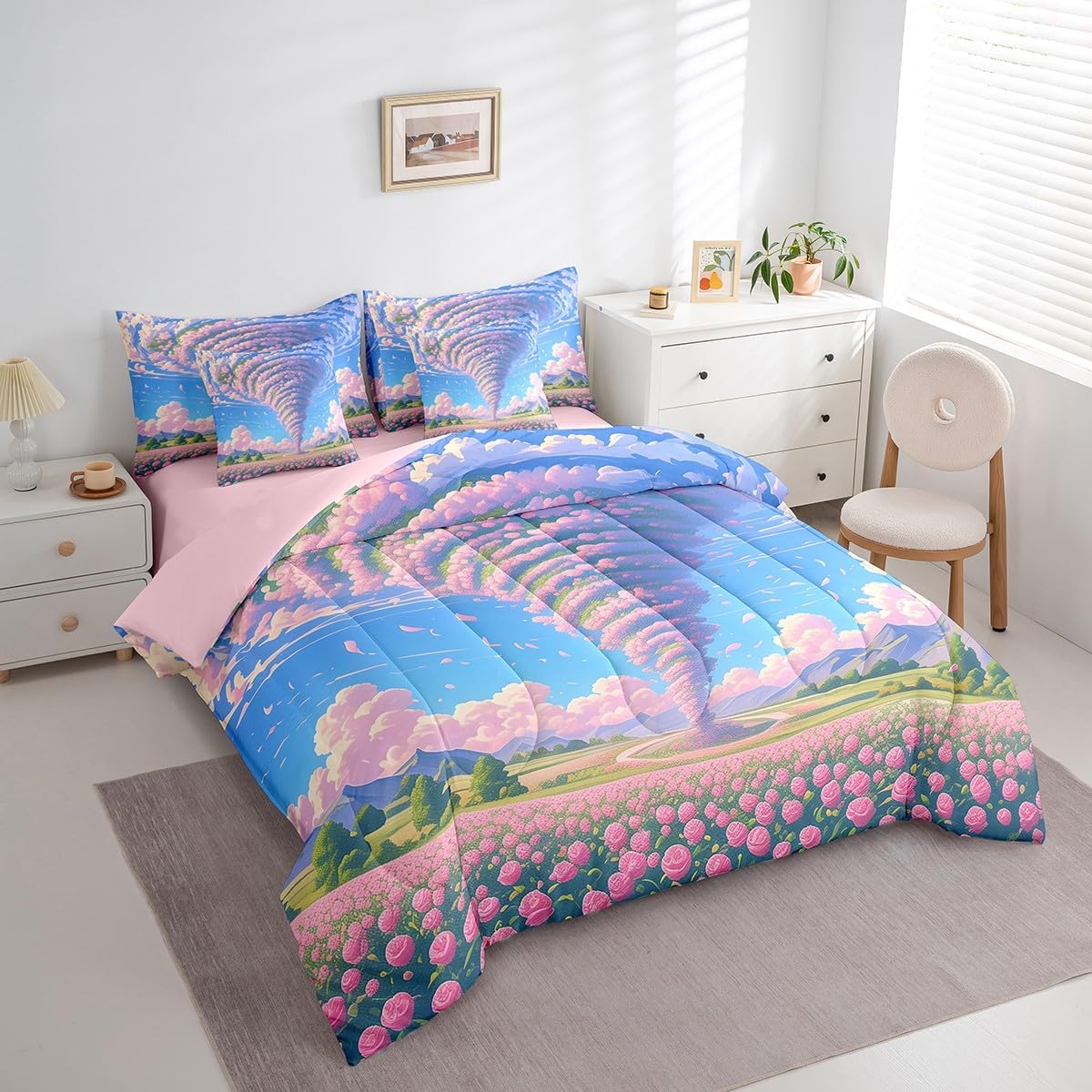 Erosebridal Floral Tornadoes Comforter Set Queen for Girls,Pink Rose Flower Bedding Set 7Pcs for Kids Teens,Romantic Tornado Bed in a Bag,Watercolor Petals Garden Quilt