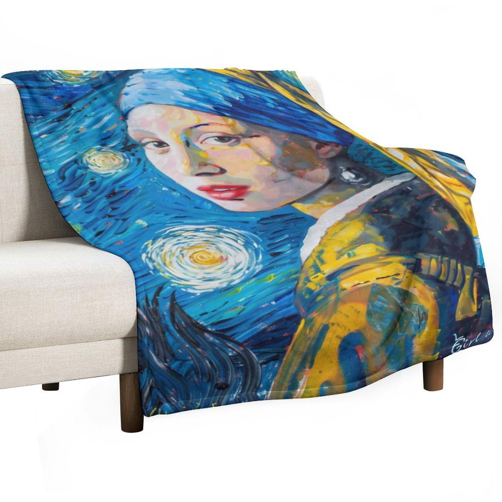 YHGSREUOH Starry Night Girl with A Pearl Earring Fusion 01 Flannel Blankets Fleece Soft Throw Lightweight Plush Gifts for Couch, Bed, Cozy Sofa Plush, Chair, Lovers 32x48inch(80x120cm)