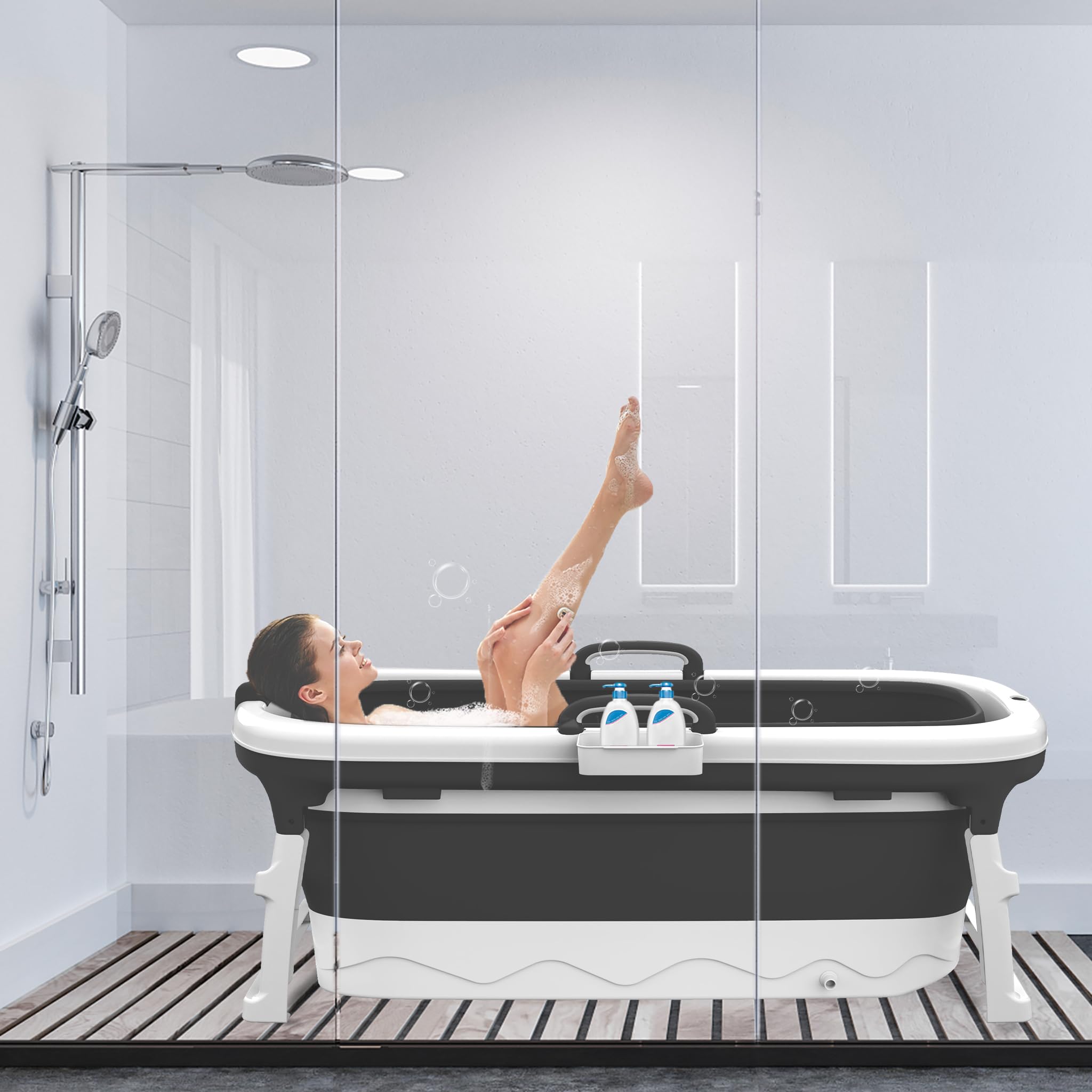 SUBTLETY Vasca da bagno pieghevole portatile per adulti, con copertura rimovibile, rullo per massaggi, cestino per sapone e manico, 138 x 62 x 52 cm, per piccoli bagni SPA (senza tappetino da bagno)