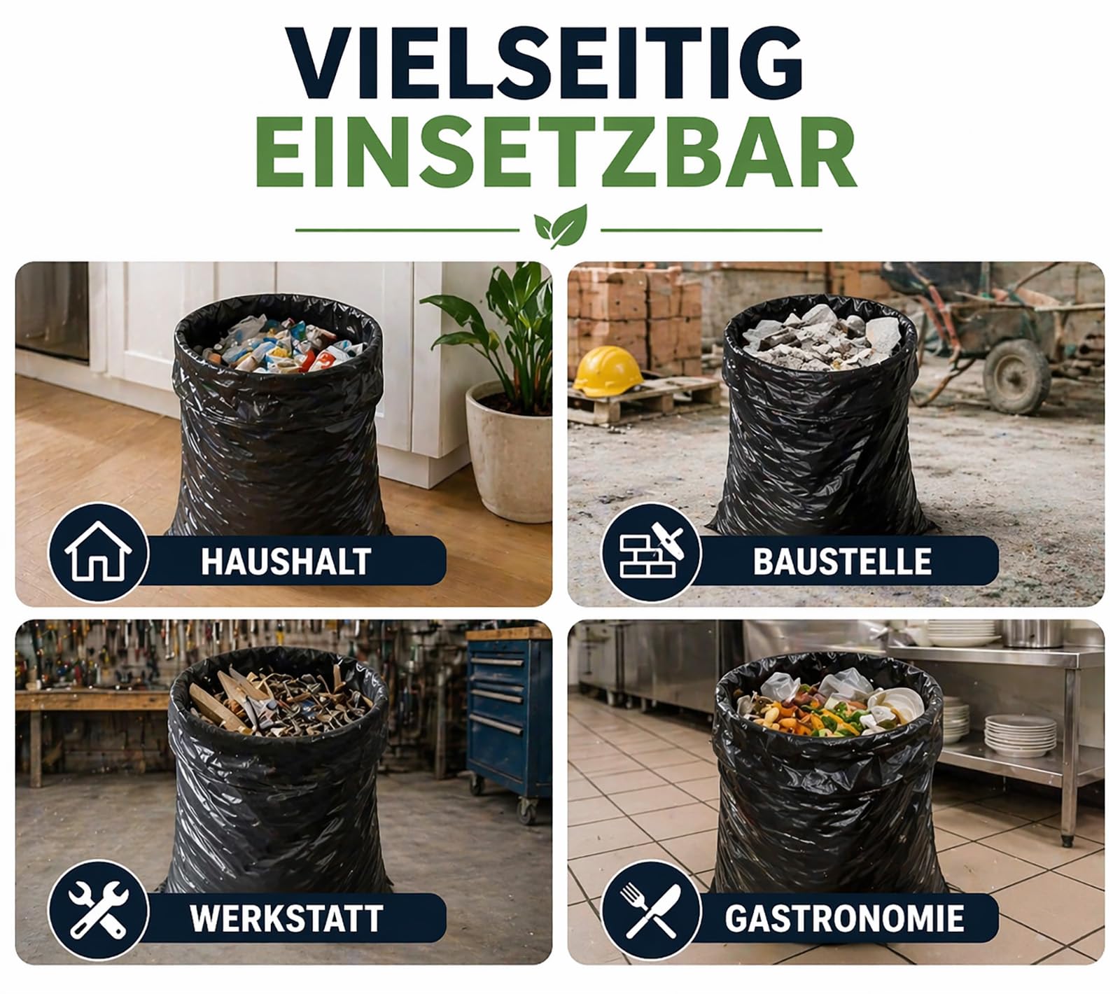 Sacco per rifiuti 150 L (77 my) - sacchi per rifiuti XXL antistrappo - 10 pezzi per rotolo - robusti sacchi per rifiuti grigio/nero per giardino, casa, cantiere e gastronomia come sacco per rifiuti.