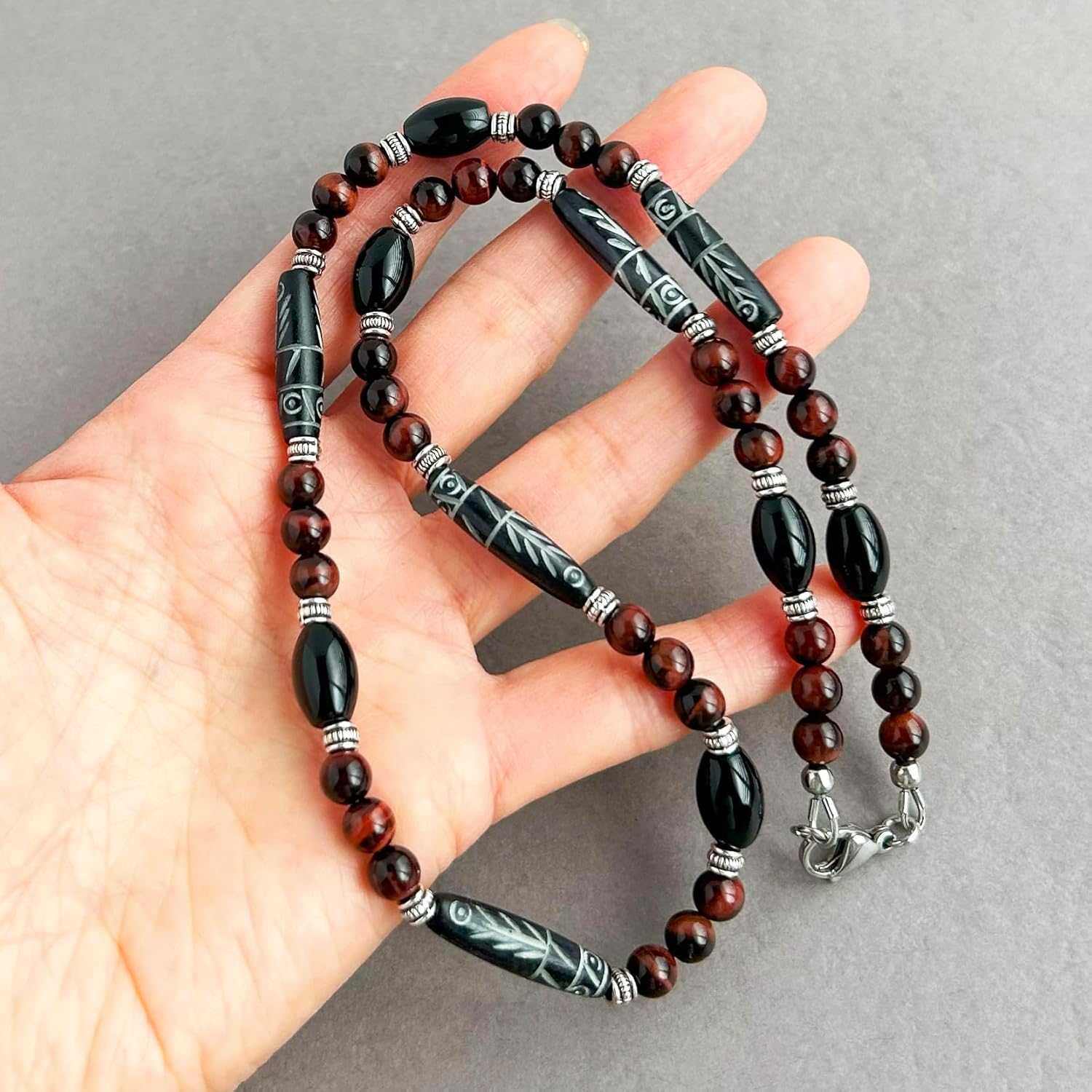 Mami's Gem Studio Mens Tribal Style Necklace, Beaded with Carved Bone, Black Onyx, and Gemstone - Handcrafted in USA