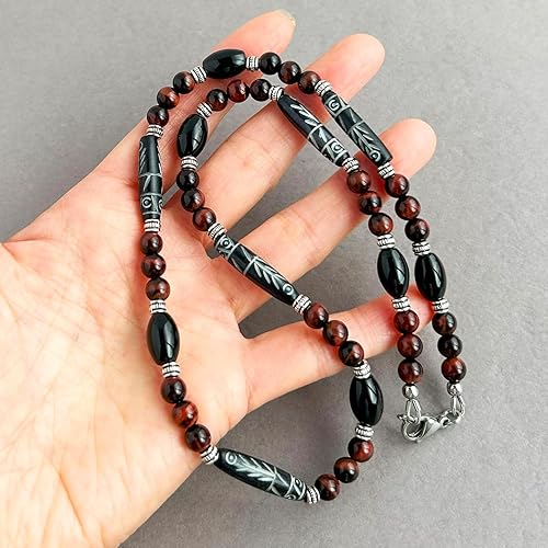 Miniatura 6 de Mens Tribal Style Necklace - Carved Bone, Black Onyx, Red Tiger Eye Gemstone, Handcrafted (20 inches)