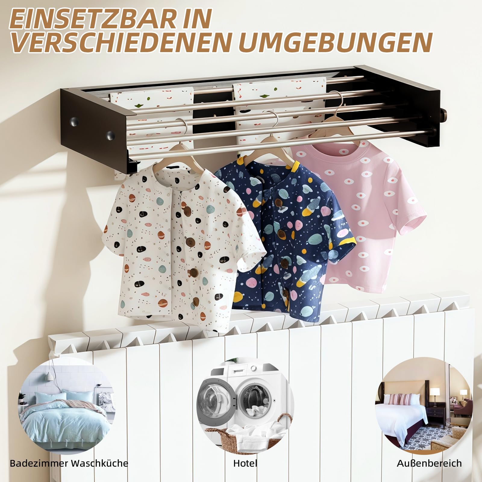 Wäscheständer, Wandmontage aus Kohlenstoffstahl, 60 cm ausziehbare Wäscheleine mit 4 Haken, Tragkraft 25 kg, platzsparender Handtuchhalter, geeignet für Balkone, Terrassen und Badezimmer (Schwarz)