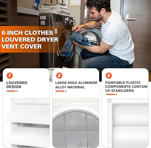 Miniatura 2 de Beaquicy Cubierta de ventilación de secadora de 6 pulgadas con listones de 8 x 8 pulgadas, dimensiones exteriores para salida de campana de