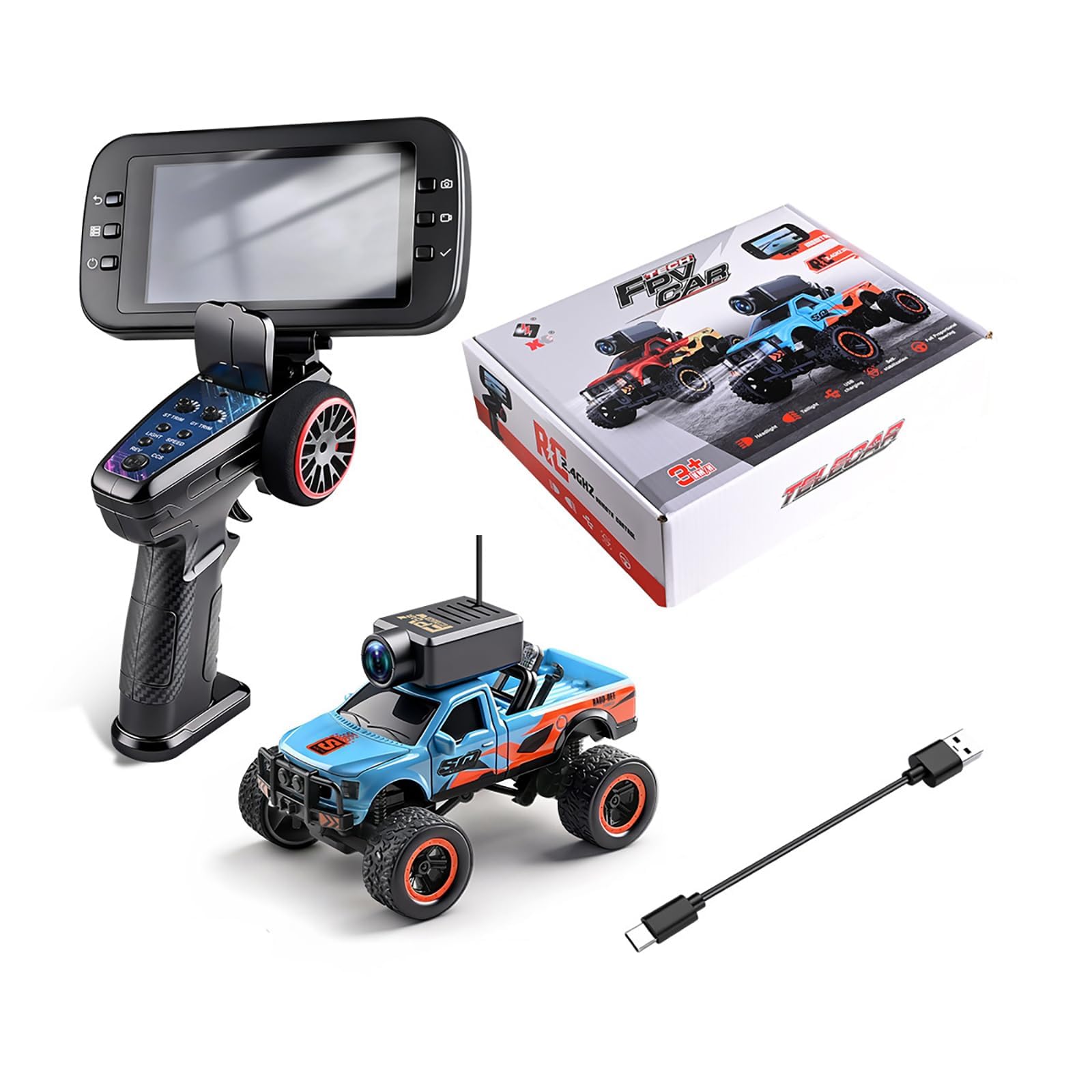 Hylukon WLtoys 1:64 Mini RC Car with HD Camera, 2.4G 4WD FPV Remote Control Off-Road Vehicle with Display Screen, Gyro, LED Lights, APP Controlled Model Vehicle (Blue)
