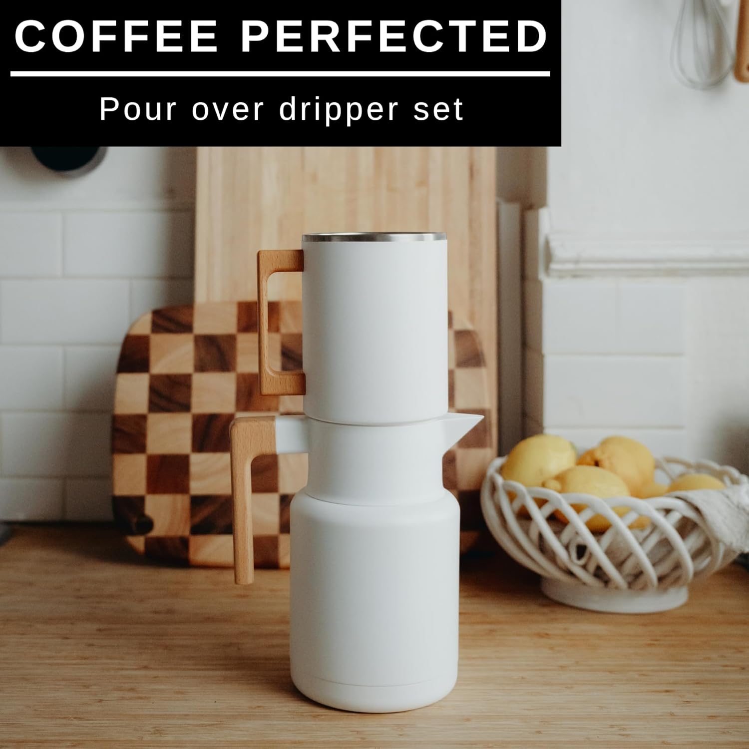 HASTINGS 50 Oz Pour Over Coffee Maker Set with Double Layer Reusable Stainless Steel Filter 8-Cup and Wood Handle - Dual Wall Heat Resistant Drip Coffee Brewer, Pour Over Coffee Dripper Carafe, White