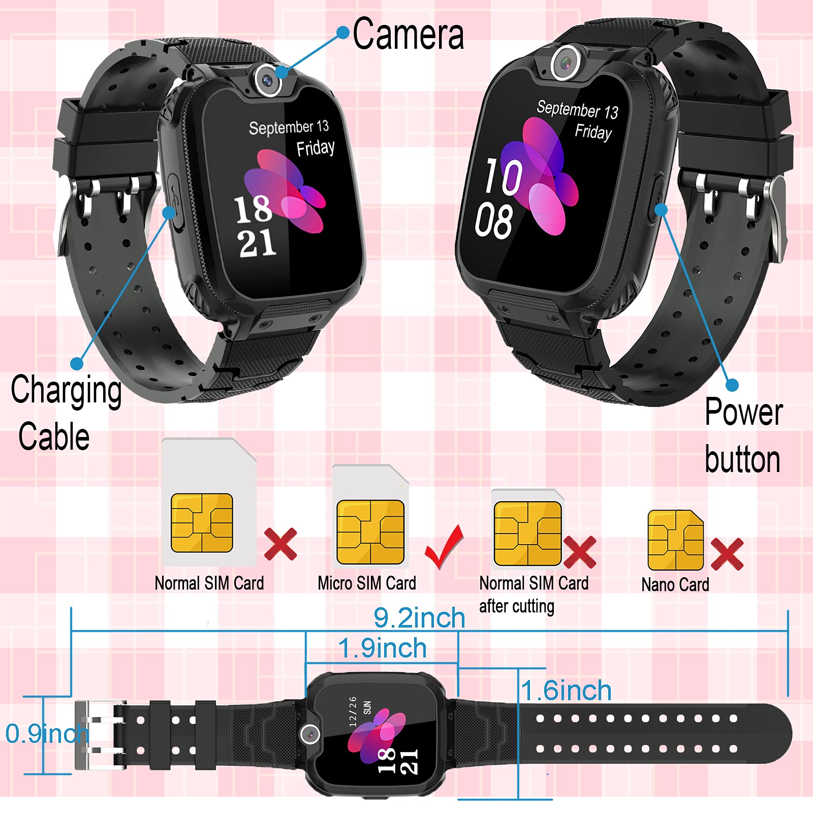Montre Intelligente pour Enfants - 7 Jeux, Musique MP3, Appels Téléphoniques, Écran Tactile, 1GB SD Card, Caméra, Alarme, Smart Watches 4-12 Ans