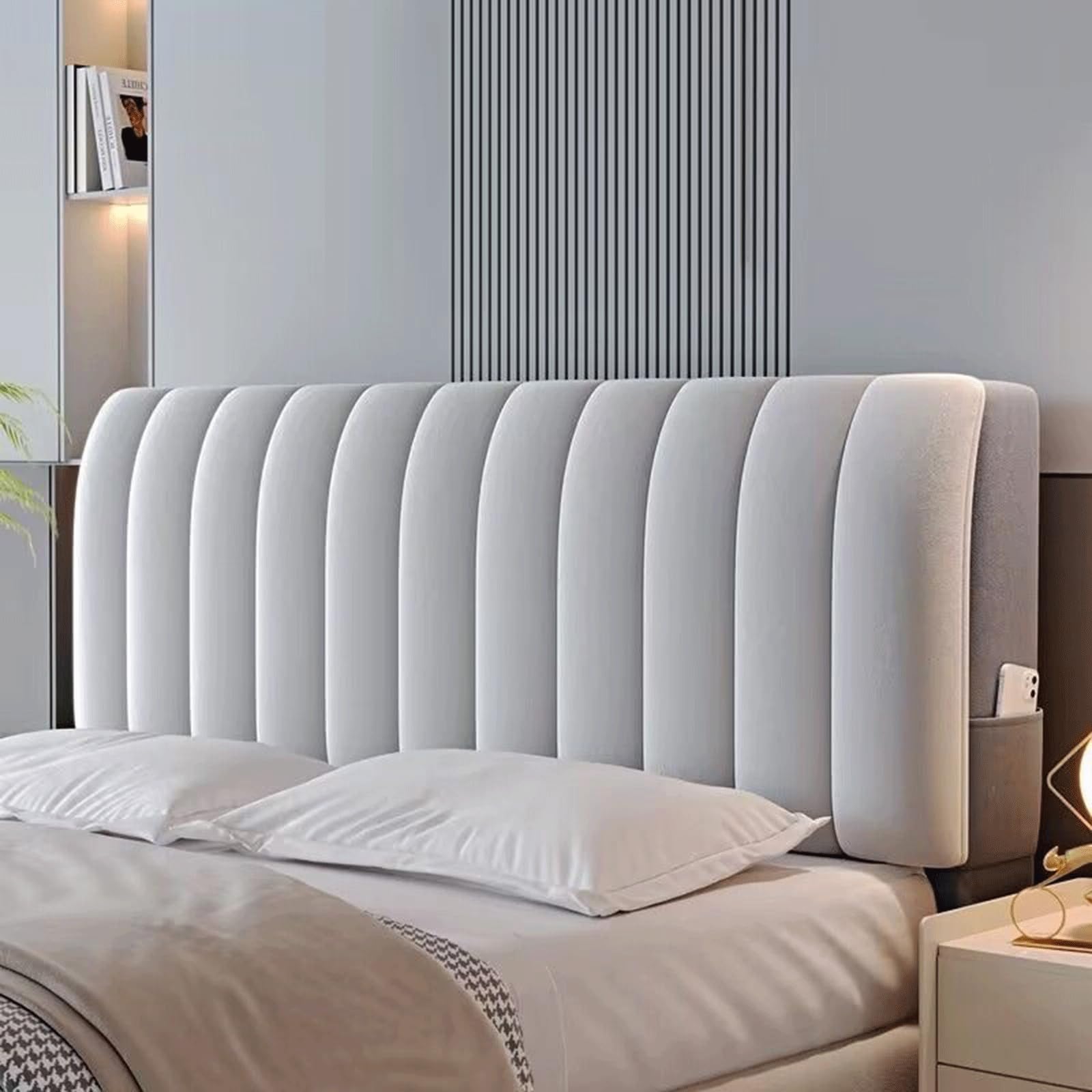 Velvet Plush Headboard Slipcover Super Soft Upholstered Backrest Cover for Single & Double Beds Dustproof Protector for Bedroom Décor - Light Gray