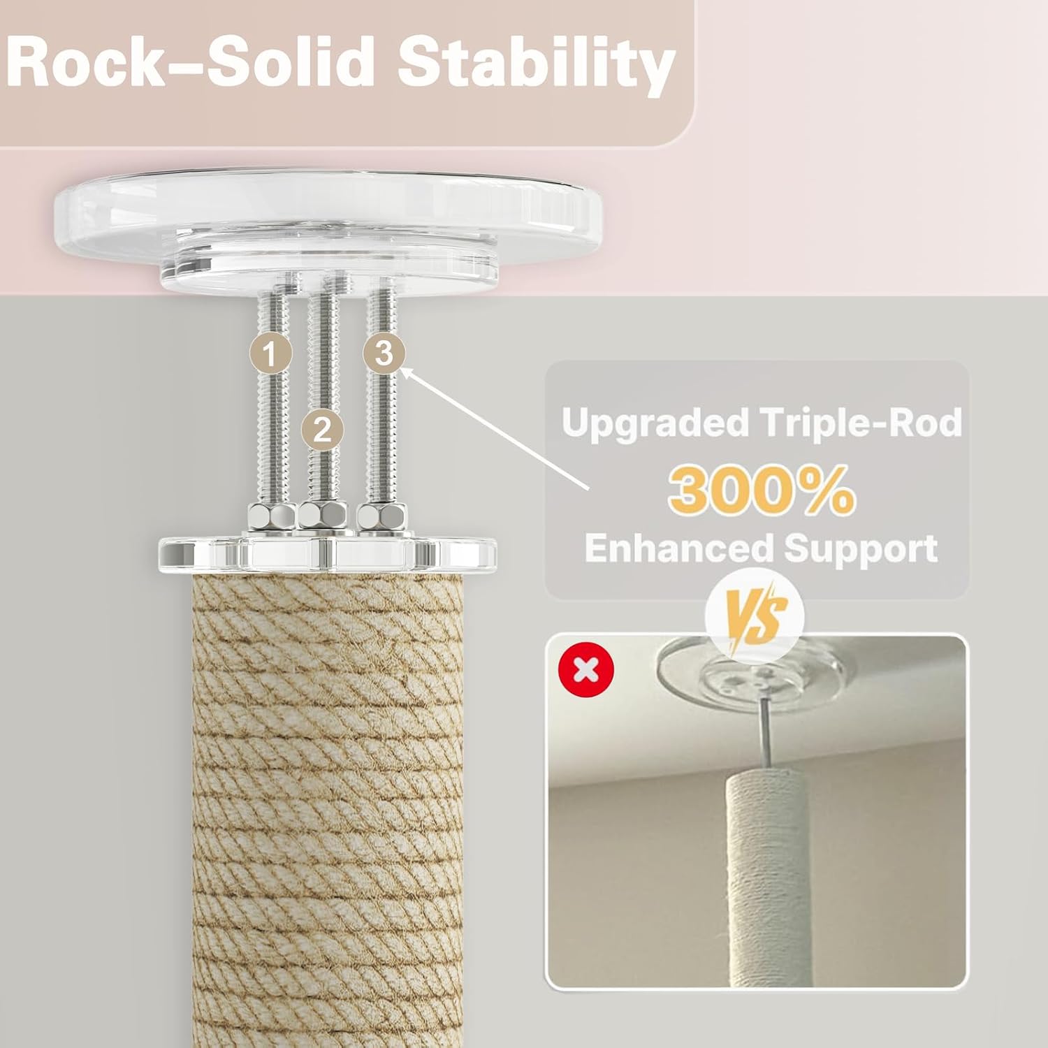 Floor to Ceiling Cat Tree, Acrylic Top Support PlateTall Cat Tower Natural Sisal Rope Scratching Post, Adjustable Height 55-103 Inches, Multi-Platform Activity Center