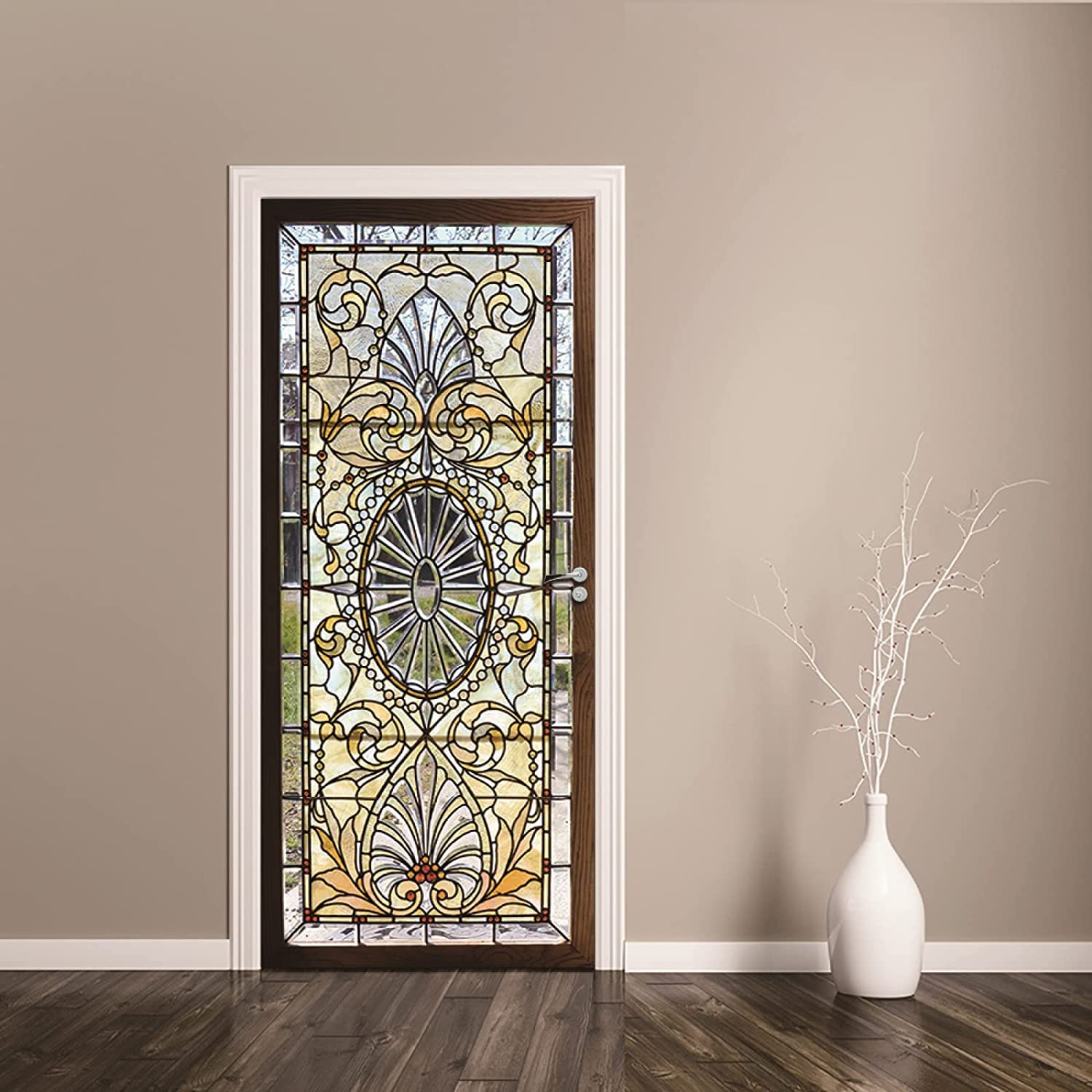 Adesivo Murale 3D Per Porte Interne, Effetto Peonia Dorata, 88x200 Cm, Autoadesivo E Impermeabile, Rimovibile