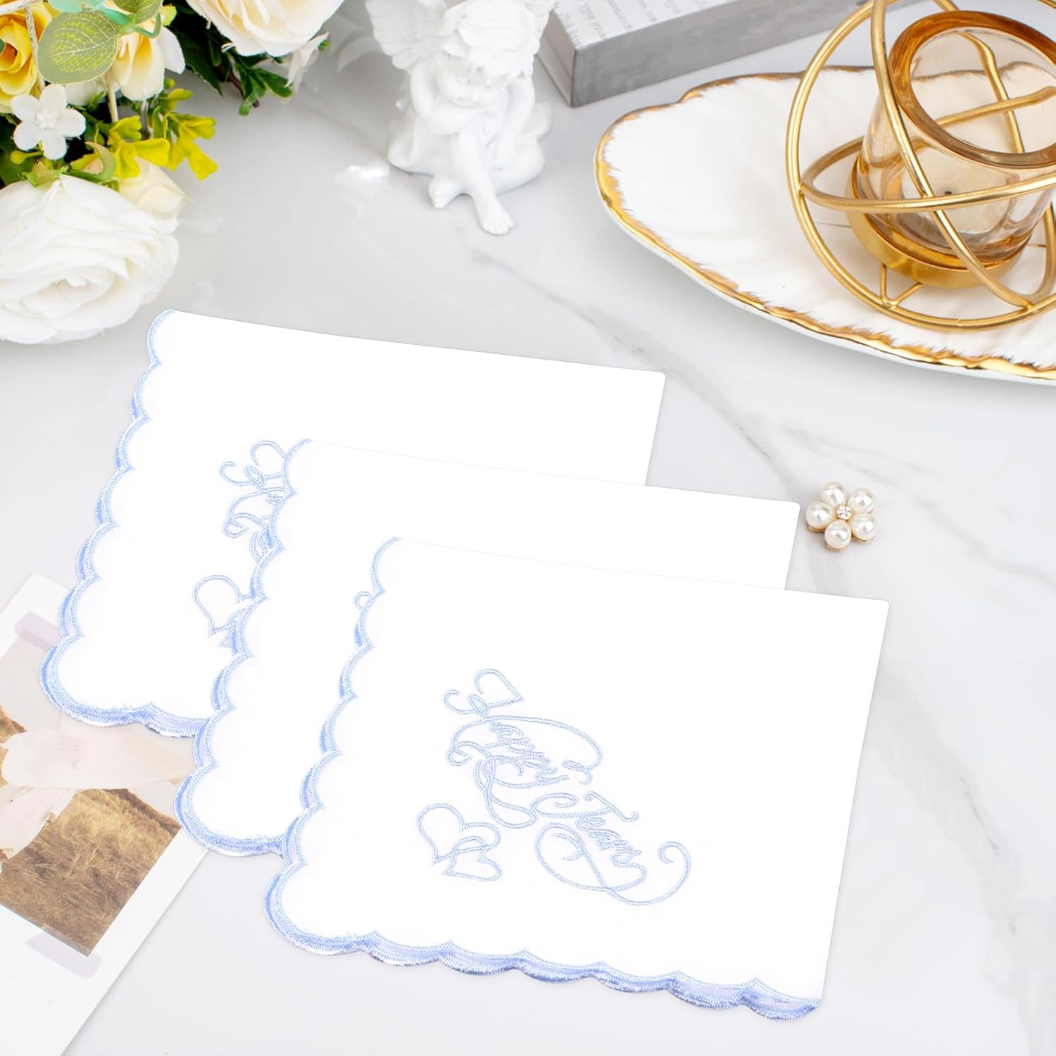 12PCS Wedding Handkerchief Bride 11" x 11" Happy Tears Cotton Mother Father Groom Bride Handkerchiefs with Scallop Lace Edges for Wedding Day - Image 7
