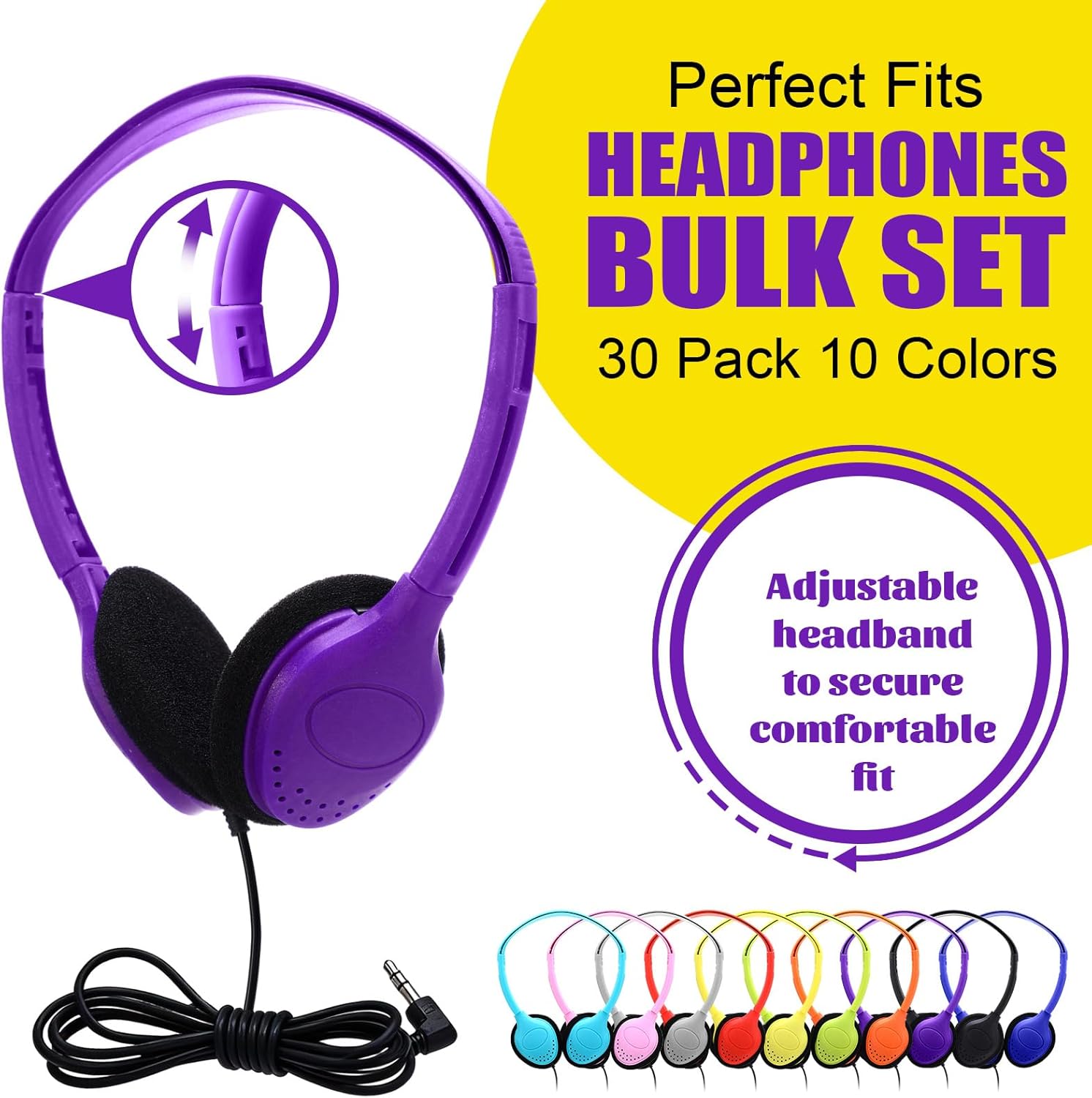 Yunsailing 30 Pack Over Ear Wired Headphones Bulk for School Classroom Student, Adjustable Headband with 3.5mm Jack, Lightweight Design Earphones for Classroom Learning and Testing (Multicolor)