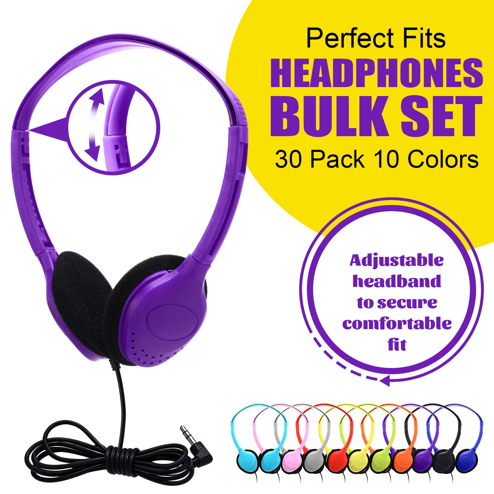 Yunsailing Lot de 30 écouteurs filaires réglables pour enfants, pour l'école, la salle de classe, les étudiants, avec prise jack 3,5 mm pour enfants et adultes (multicolore)