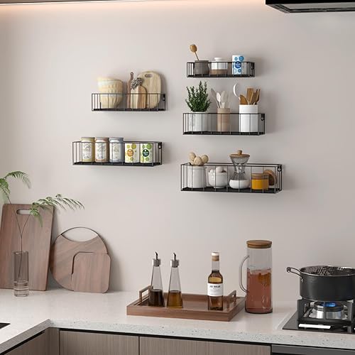 Miniatura 5 de CRUGLA Juego de 5 estantes flotantes negros para montar en la pared, estantes colgantes de pared con riel para baño, dormitorio, sala de estar,