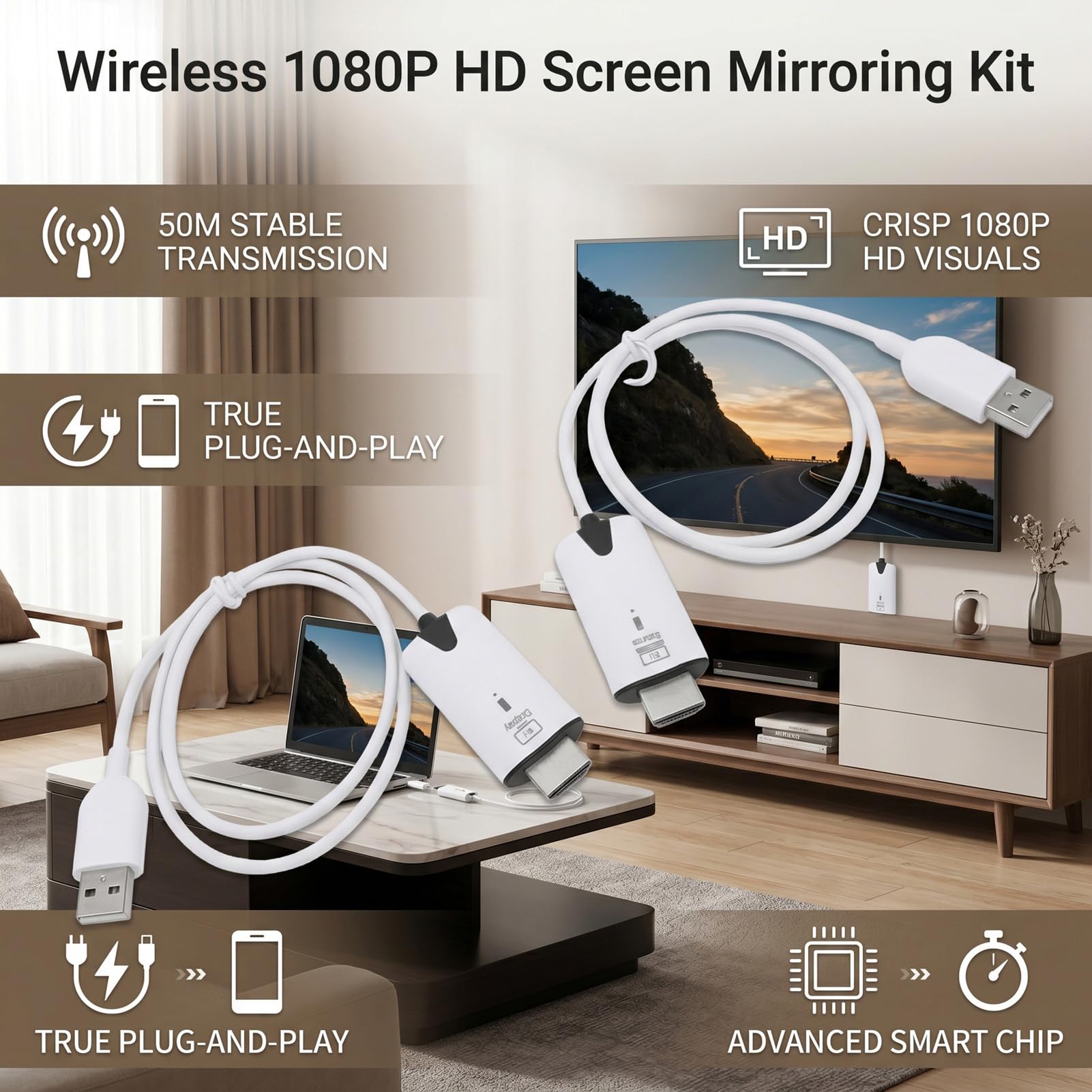 Bezprzewodowy Adapter Wyświetlacza, Kabel do Lustrzanej Kopii Ekranu 1080P Stabilny Transfer w Trybie Plug and Play o Długości 50 M Bez Wi-Fi/aplikacji/Bluetooth, do Komputera,