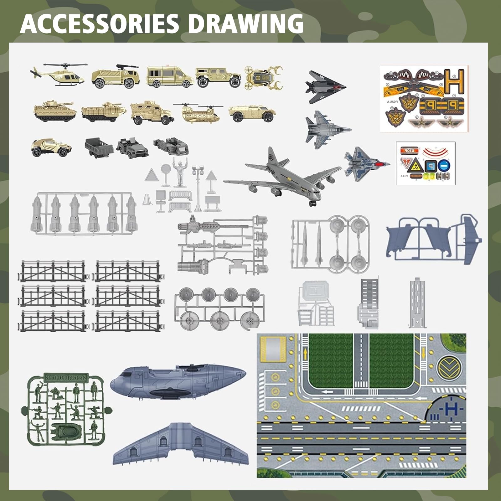 Set di Giocattoli Aereo da Trasporto Cargo Militare, Auto, mini veicolo da combattimento, soldato, elicottero, modello di aereo, Kit giocattolo per veicoli militari, mappa di gioco per bambini età 3+