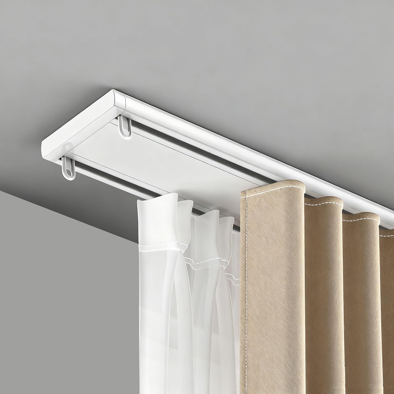 Slish Podwójne pręty sufitowe - Easy Inll aluminiowa szyna do salonu, sypialni, biura - 14.4ft / 4,4 m - nowoczesny biały design do wystroju domu