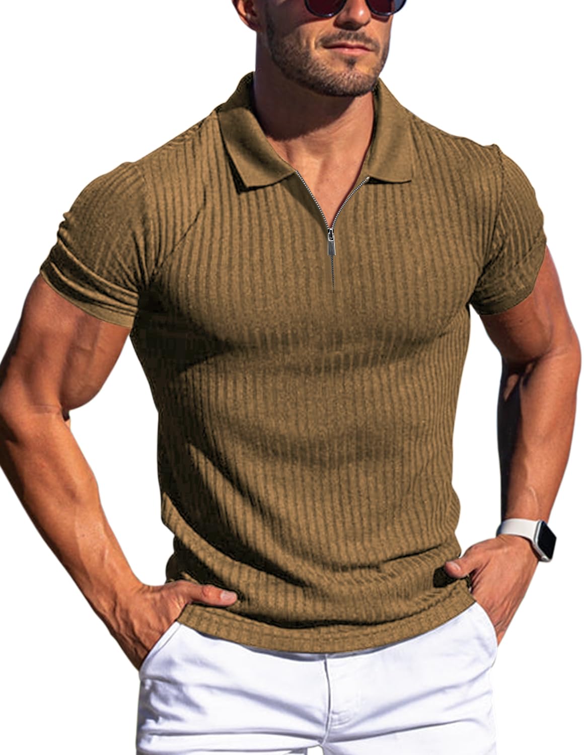 Gnvviwl Zipper Muscle Polo Shirts for Men Slim Fit Short Sleeve Cotton Ribbed Knit Golf Shirt