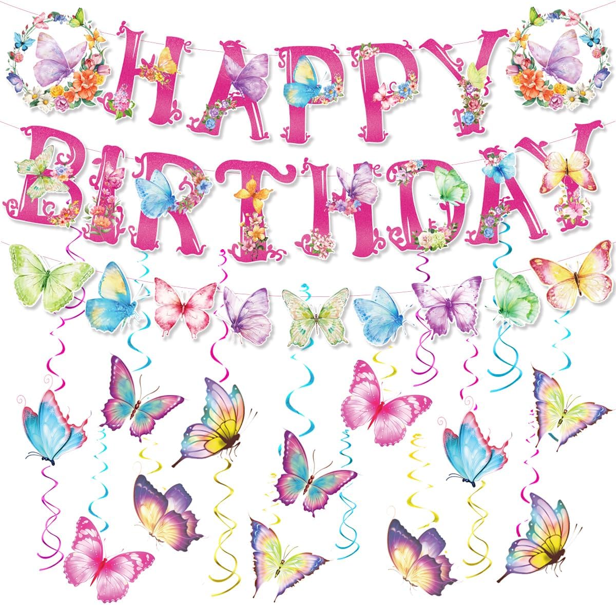 Butterfly Birthday Decorations, Colorful Happy Birthday Banner Butterfly Hanging Decorations For Girls Birthdays Hanging Swirl Streamer Party Supplies
