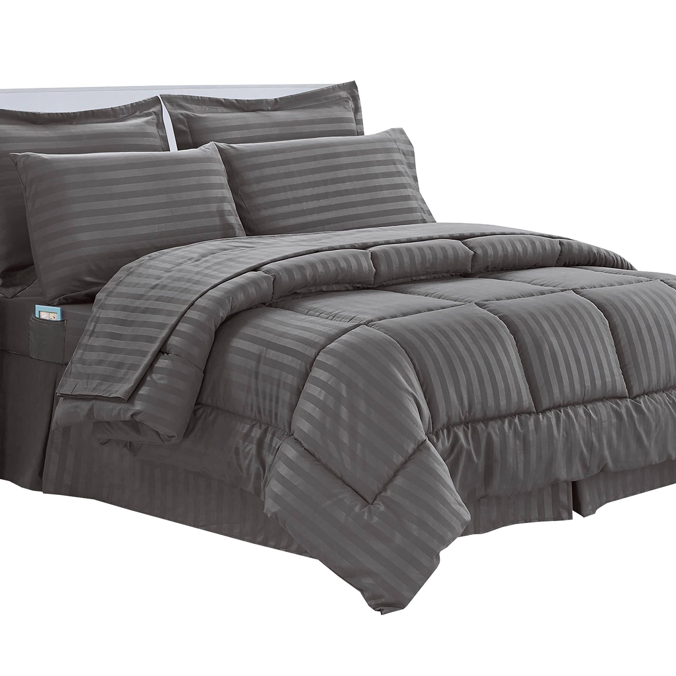 Elegant Comfort Comprend Une Parure de lit Intelligente 4 pièces, Jupe de lit, Couette, taies d'oreiller et taies d'oreiller Assorties, en Microfibre, Gris, très Grand lit/très Grand lit californien