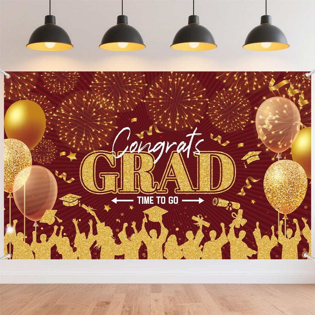 CRAFTYMELODY Graduation Banner 72×44 Inch Red Gold Backdrop Happy Graduation Grad Wall Banner Indoor Outdoor with Grommets 3.2 Yard String for Party Decoration Supplies Photo Backdrop